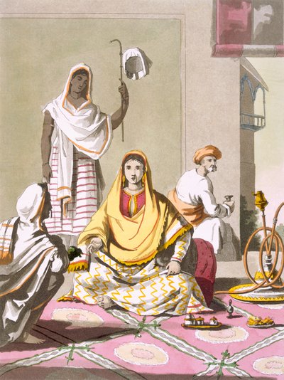 Indian woman in her finery, with guests and servants, from 